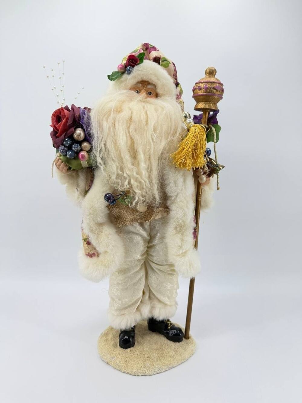 Kmart Santa Claus Christmas Figurine Floral Staff White Gold Decor 2.30 lb